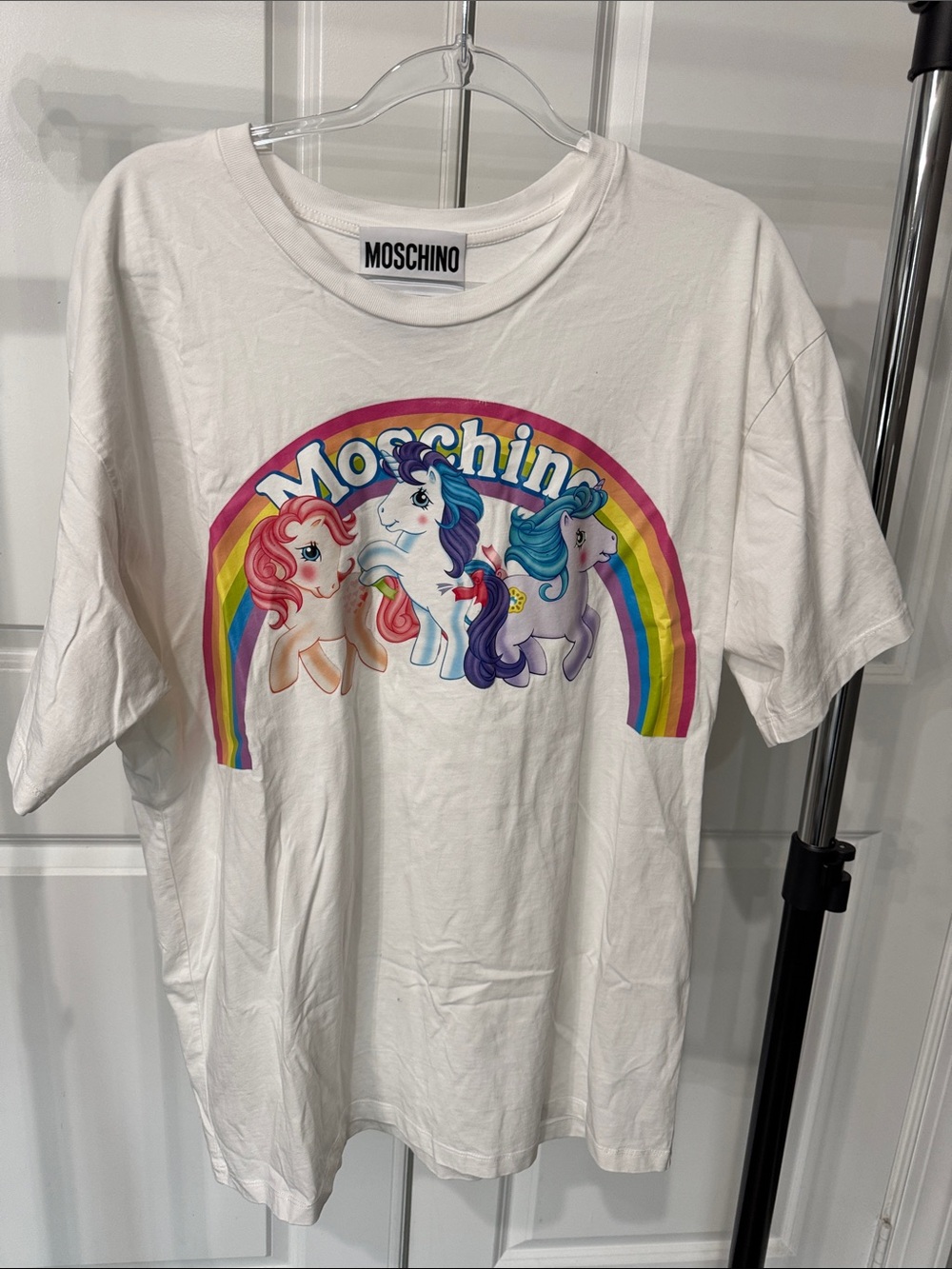 Moschino White Womens Rainbow Pony Graphic Tee